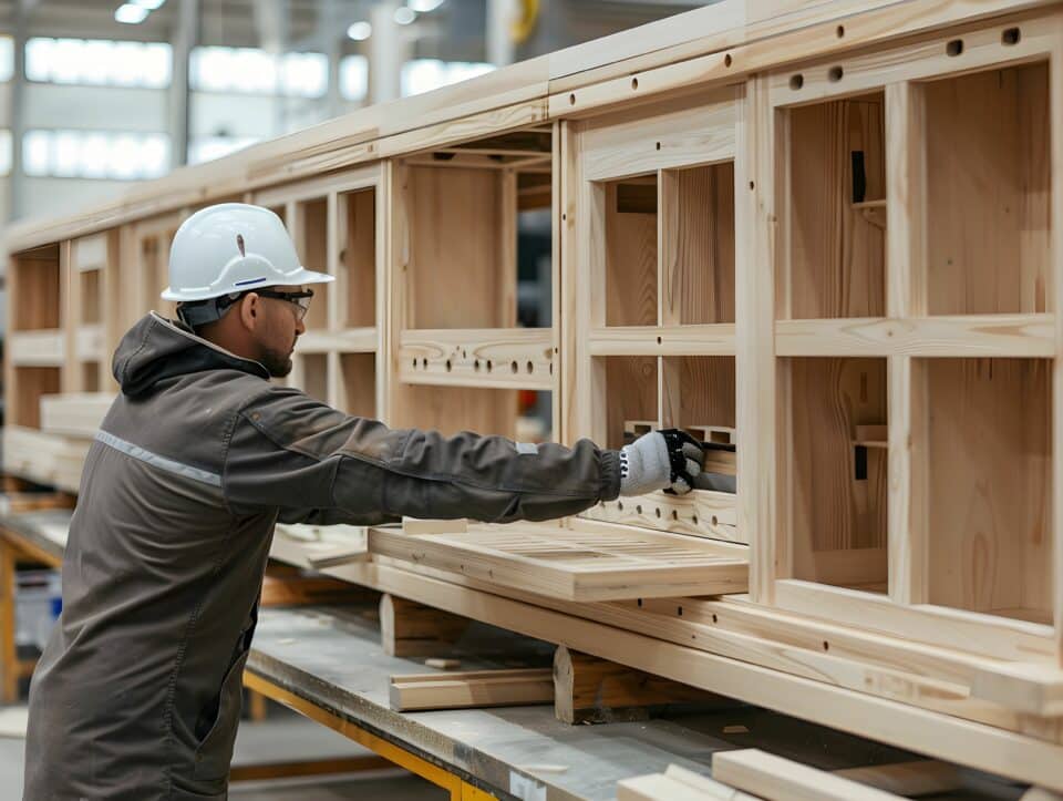 Worker assembling wooden furniture in a manufacturing facility during the daytime